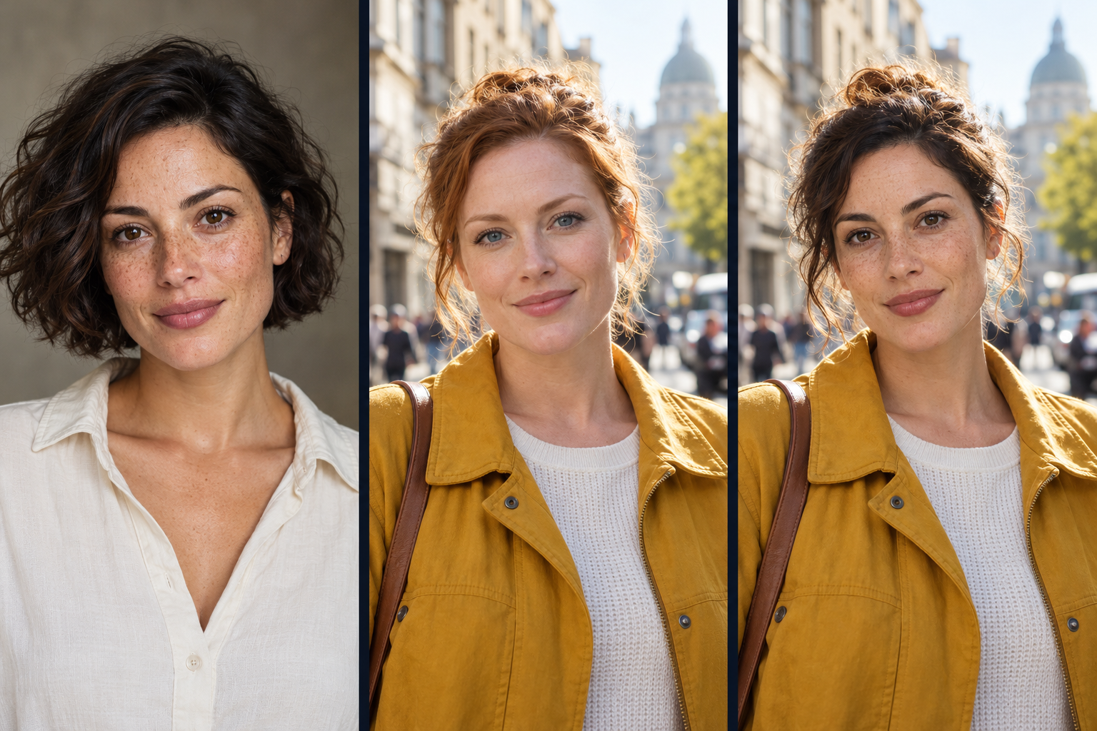 Three portraits illustrating a source face, a target photo and a face swap concept.