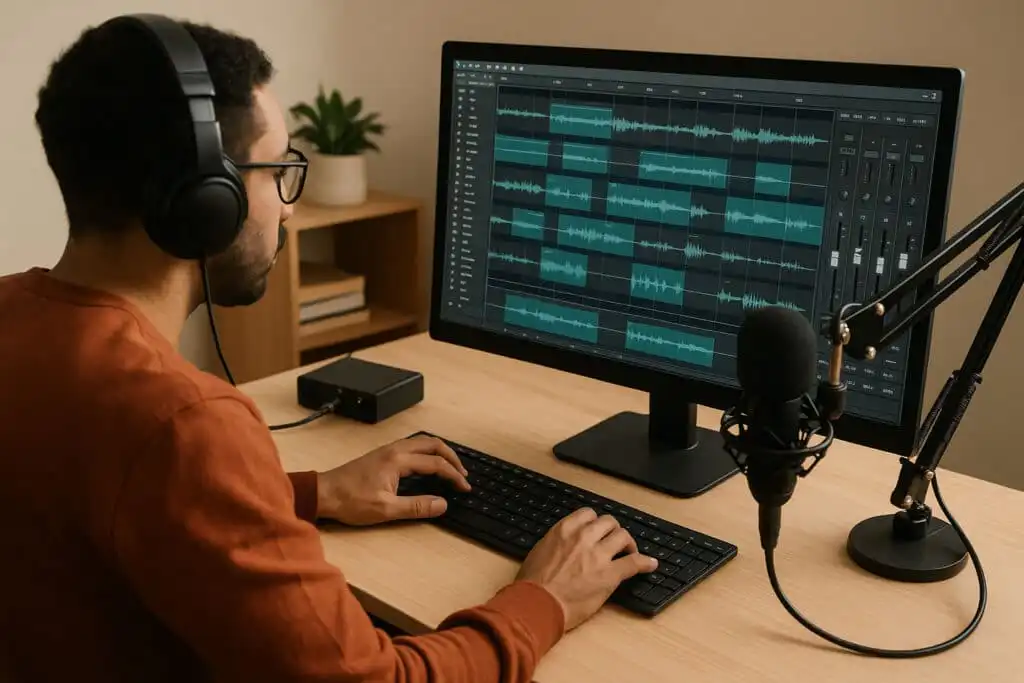 Audio engineer managing podcast tracks on a digital audio workstation