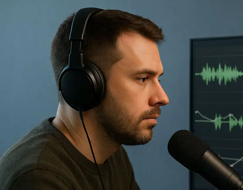 Podcast host reviewing AI generated waveforms and automation lanes on screen