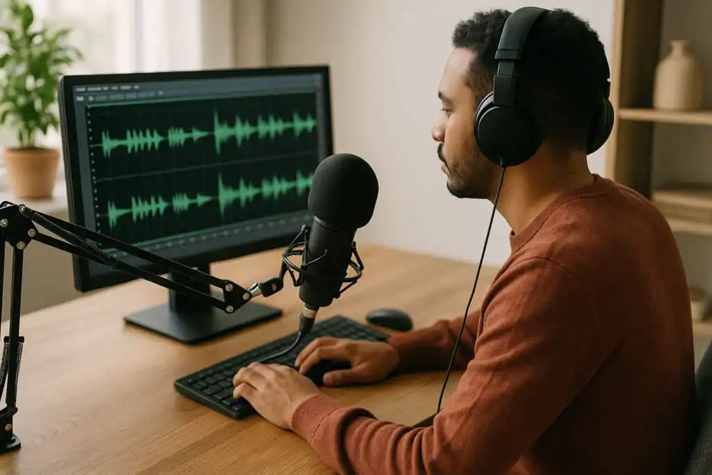 Podcaster working at a desk with microphone, headphones and waveform editor on screen
