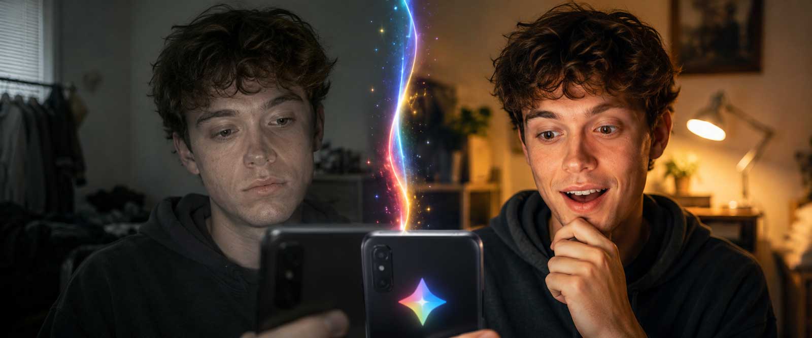 A realistic before-and-after photo edit showing a person preserved while the clothing and background change in Google Gemini Nano Banana