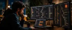 Developer reviewing a multi-file software change produced by Claude Code across an editor, terminal and test results