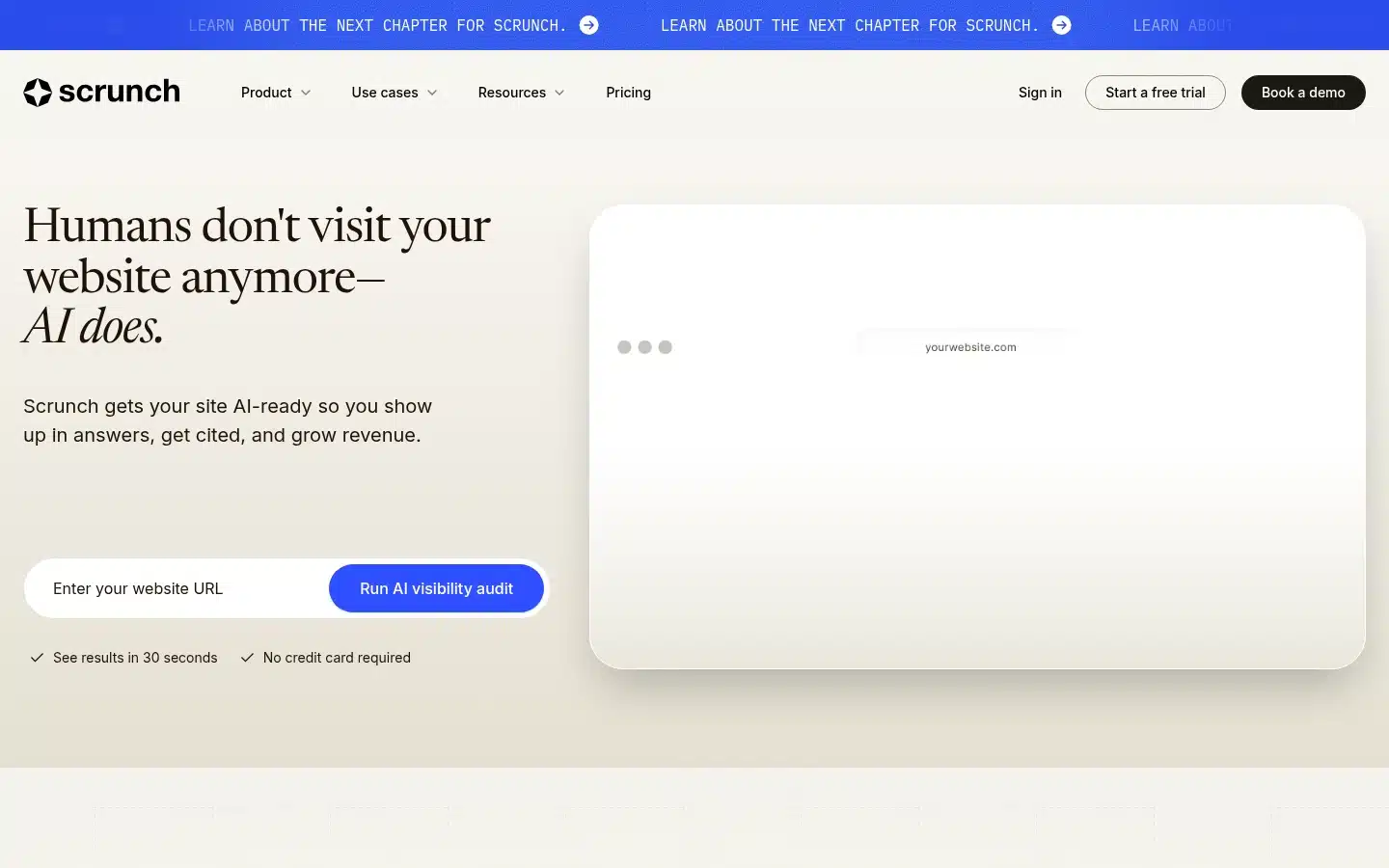 Scrunch AI homepage, persona-based prompts with answer placement bands